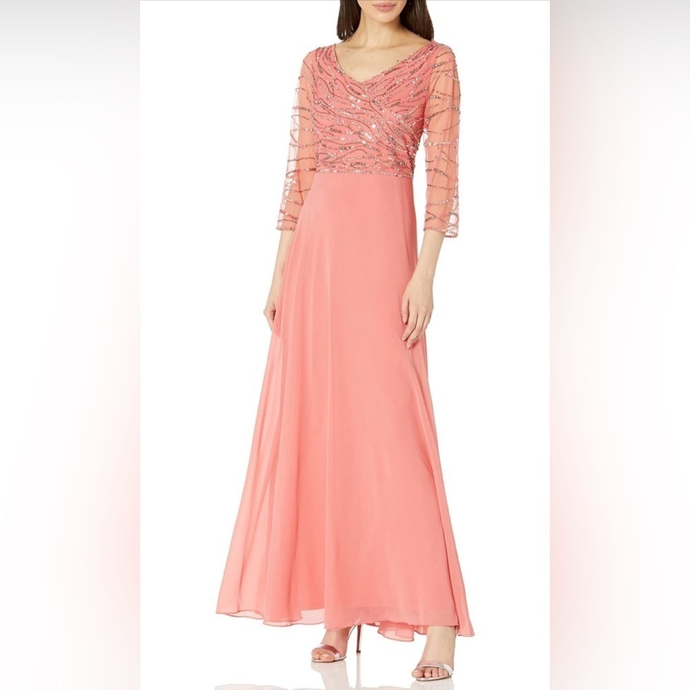 JKara Women's 3/4 Sleeve Beaded Bodice Pop Over Long Dress